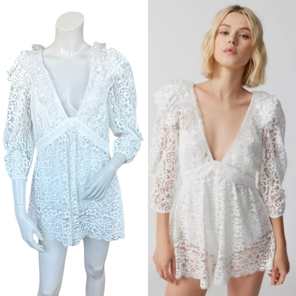 For Love & Lemons “Santo” White Romantic Lace Floral Romper Size Large
